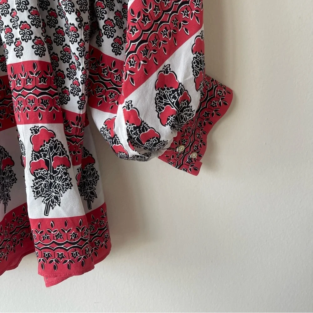 ULLA JOHNSON 100% Silk Printed Tie‎ Neck Peasant Blouse Red Black Cream Size 2
